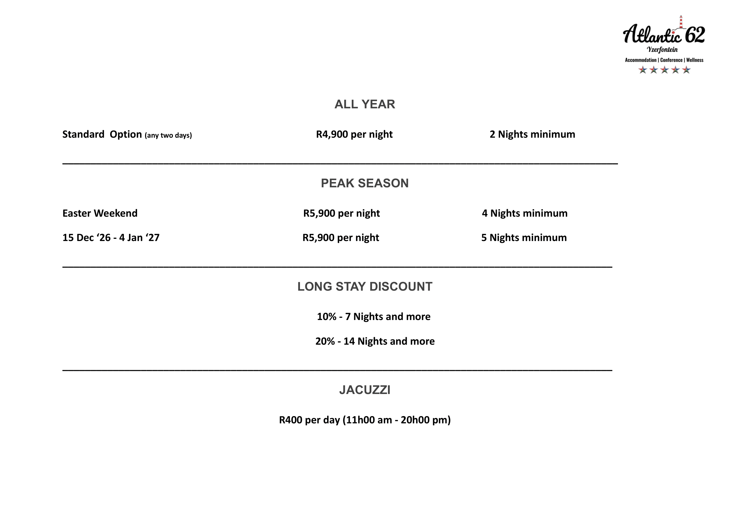 Atlantic 62 Rates 2025 - Pricelist